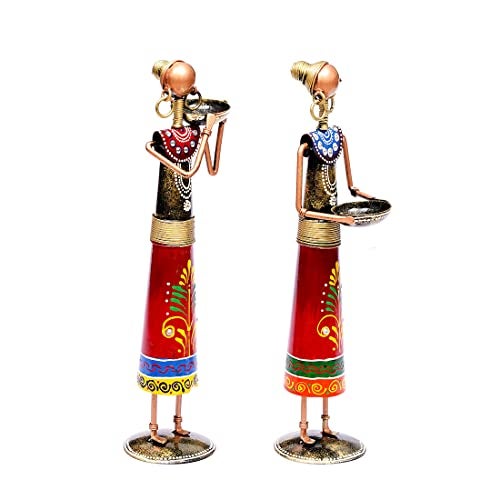 CRAFT TREE Elegant Metal Rural Lady Decorative Showpiece Figurines (Set of 2) – Home Décor Statue in Red - Image 4