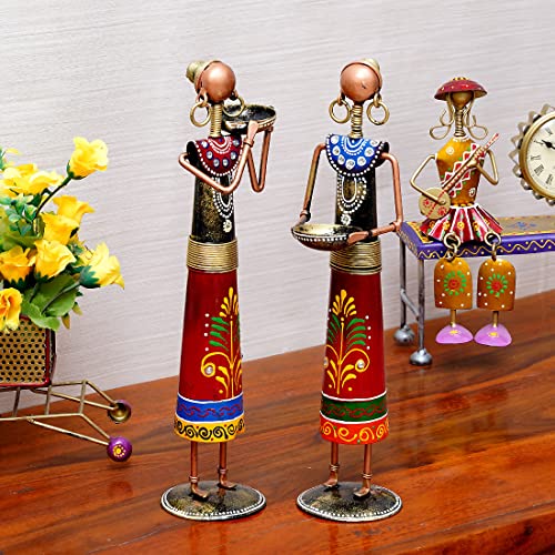 CRAFT TREE Elegant Metal Rural Lady Decorative Showpiece Figurines (Set of 2) – Home Décor Statue in Red - Image 1