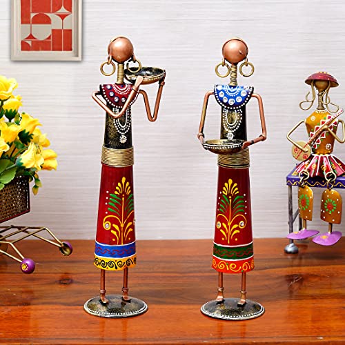 CRAFT TREE Elegant Metal Rural Lady Decorative Showpiece Figurines (Set of 2) – Home Décor Statue in Red - Image 2