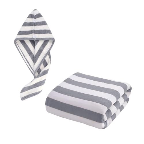 MAXOSHINE Microfiber Bath Towel/Hair Wrap Combo-Soft Super Absorbent Coral Fleece Towels for Bath with Hook-Quick Dry Towel for Women and Men (Grey) (Grey Stripes) - Image 1