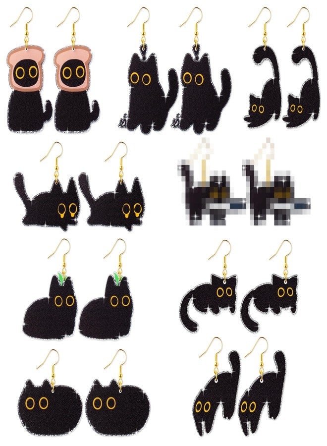 BkeeCten 9 Pairs Black Cat Earrings, Cute Acrylic Black Cat Dangle Earrings with Shiny Edges, Cartoon Acrylic Assorted Cats Theme Hook Earrings for Women Girls’ Jewelry Gift Outfit Accessories - Image 1
