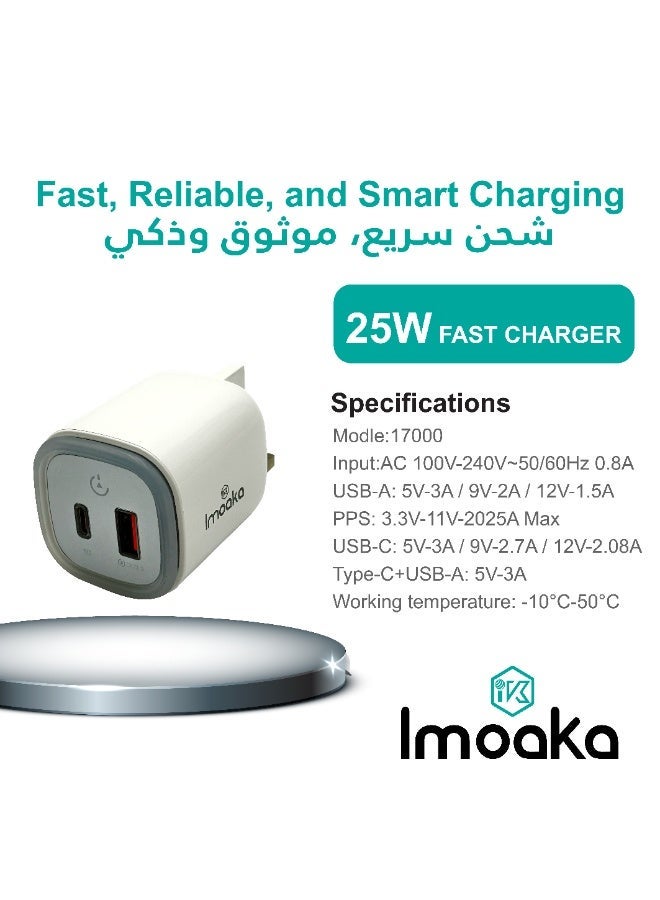 Imoaka 25W USB-C Wall Charger, Dual Port Quick Charge  Power Adapter, Smart Power Delivery, Compatible with Smartphones, Tablets, AirPods, Digital Cameras - Image 3