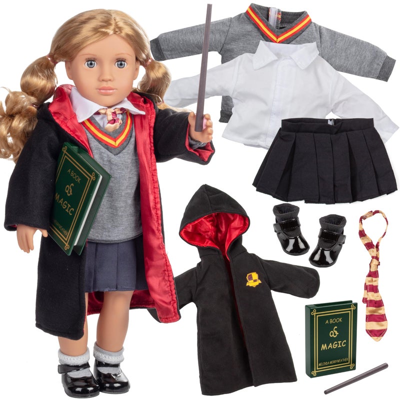 Dress Along Dolly Deluxe 11pc Hermione Granger Inspired 18 Doll OutfitCompatible w American Girl Outfit  Accessories Set w Robe Wand Book Sweater Shirt Skirt Socks Shoes  Tie Perfect Easter Basket Stuffer - Image 2