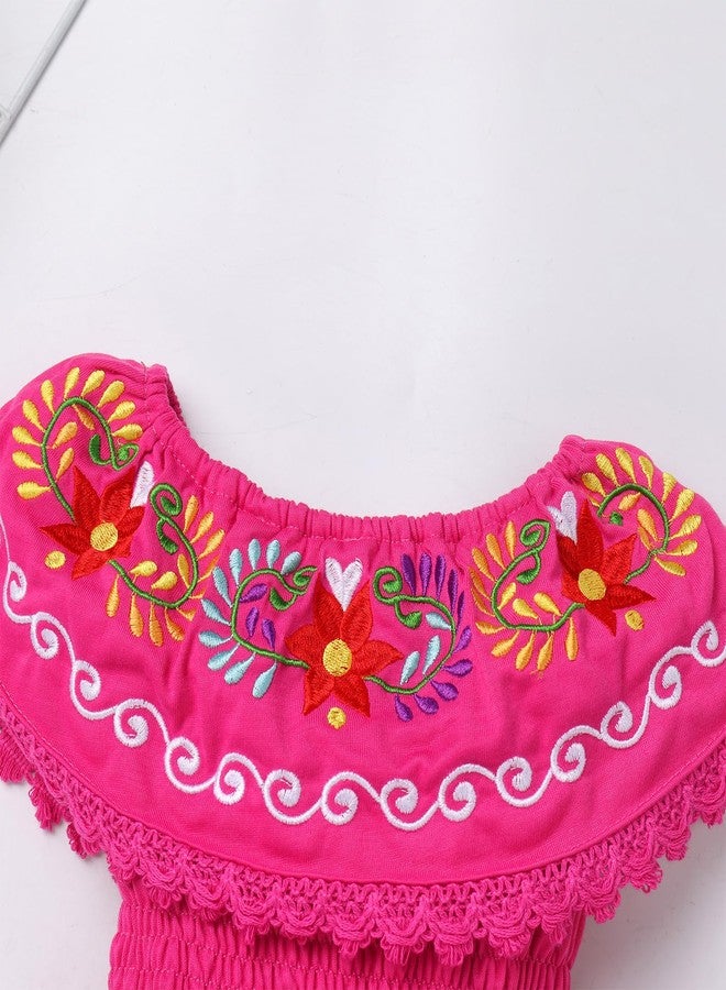 OBEEII Mexican Dress for Toddler Baby Girls Off-Shoulder Traditional Floral Embroidered Dress Cinco De Mayo Fiesta Dresses Hot Pink 3-4 T - Image 5