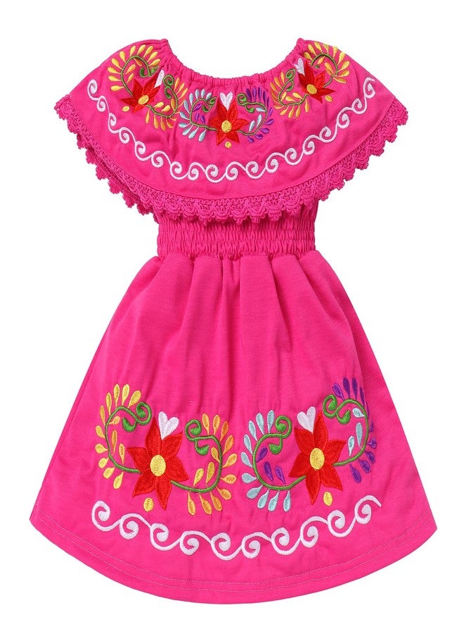 OBEEII Mexican Dress for Toddler Baby Girls Off-Shoulder Traditional Floral Embroidered Dress Cinco De Mayo Fiesta Dresses Hot Pink 3-4 T - Image 1