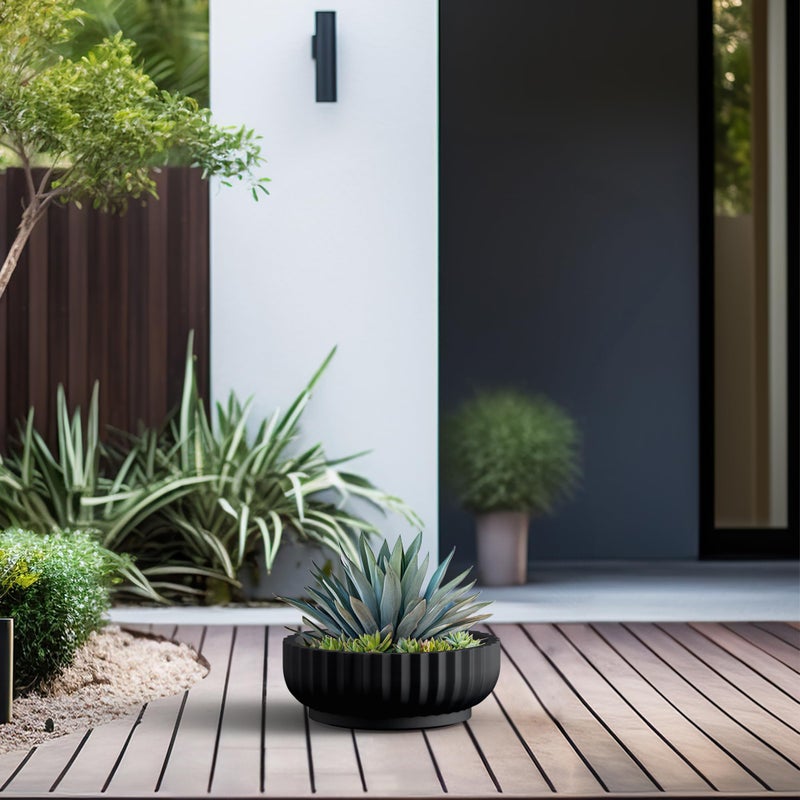 Kante Round Fluted Bowl Planter, 14.6 Inch Dia Large Concrete Flower Pots with Drainage Hole, Suitable for for Indoor Outdoor Plants, Home, Patio, Garden, Black Finish with Painted Interior - Image 3