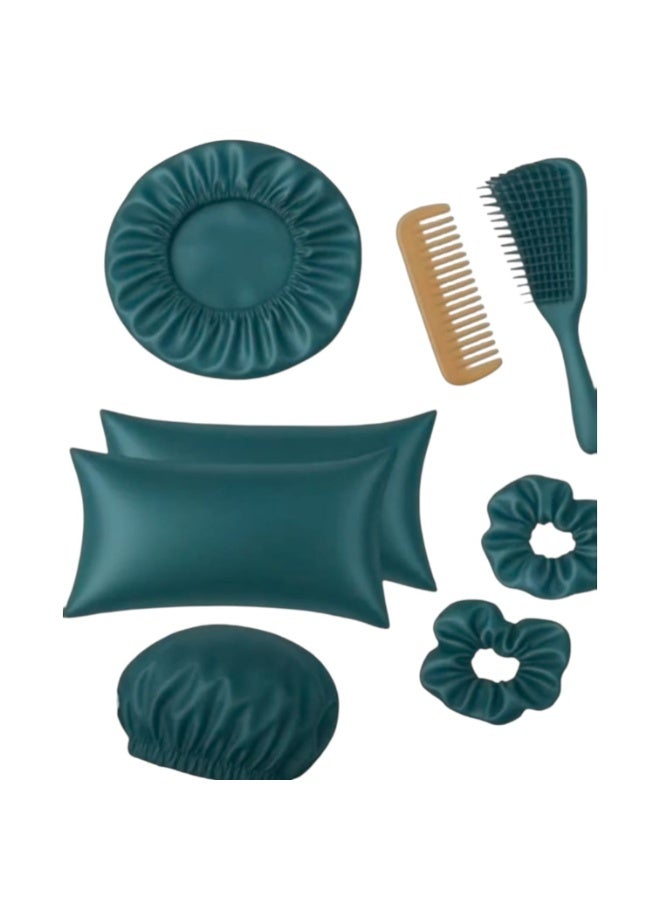 The hair care set consists of 2 pillows, 2 bonnets, 2 hair ties, 1 brush, and 1 natural wooden comb.