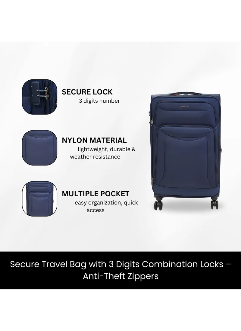جيوردانو GIORDANO Casablanca Series Check-In Large Suitcase Navy Blue, Soft Nylon Lightweight Durable Expandable 4 Wheels Luggage Trolley Bag 28" With Secure 3 Digit Number Lock.