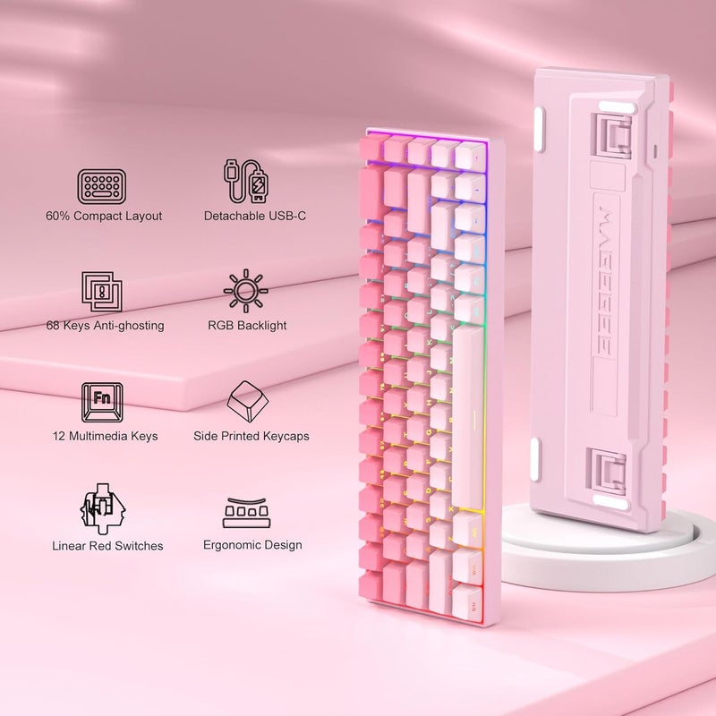 مايجغي لوحة مفاتيح ألعاب ميكانيكية محمولة من بنسبة 60%، MK-Box بإضاءة خلفية RGB، مدمجة بـ 68 مفتاحًا، لوحة مفاتيح مكتبية سلكية صغيرة مع مفتاح أحمر لأجهزة Windows Laptop PC Mac - وردي - Image 2