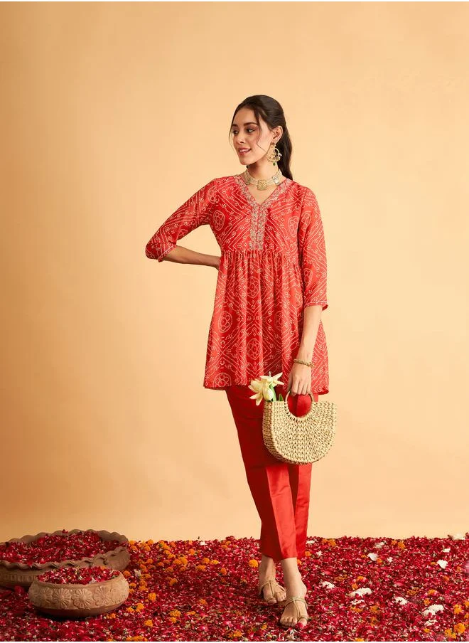 ساسافراس Embroidered Bandhej Wrap Peplum Top