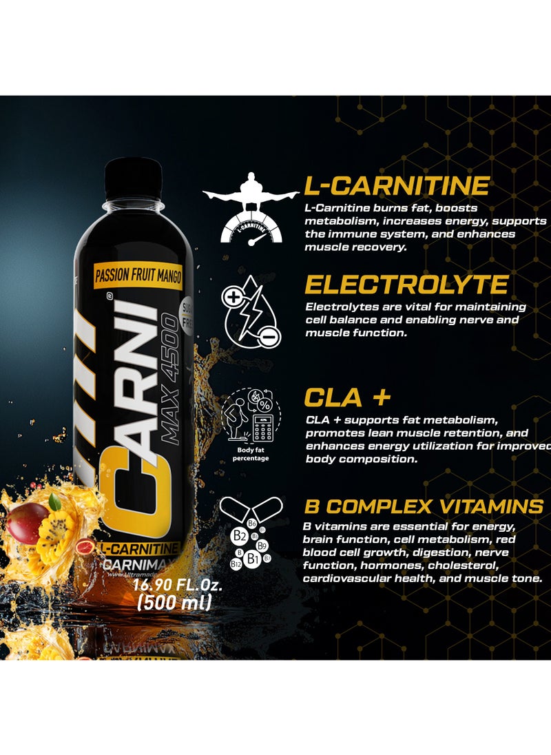 CARNIMAX 4500 L-CARNITINE  Passion Fruit Mango - Maximum Fat Burn L-Carnitine with Electrolytes, CLA, Chromium, B Complex Vitamins & Alpha GPC - Zero Sugar, 500ml Pack of 12