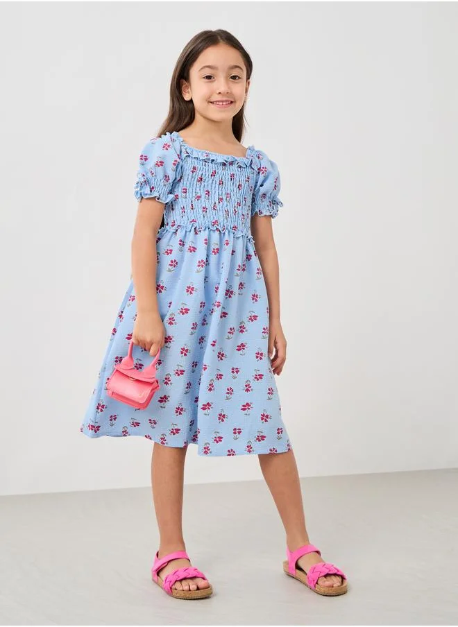 ستايلي Styli Printed Puff Sleeve Dress with Smocked Detail