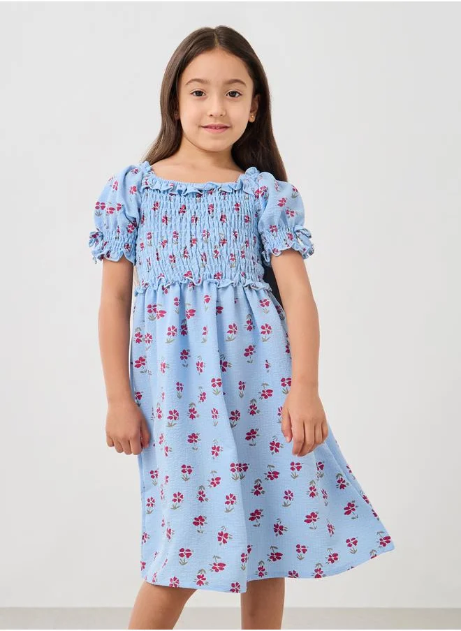 ستايلي Styli Printed Puff Sleeve Dress with Smocked Detail