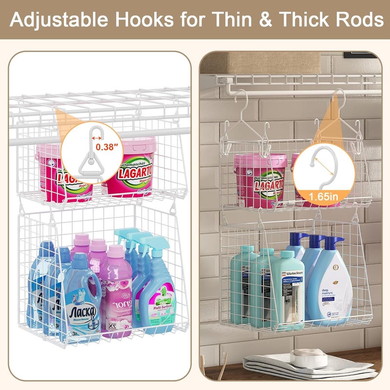 Sonyabecca 5-Tier Hanging Laundry Basket Organizer: Foldable Wire Shelf Basket with 4 Large Hooks 1.65" & 360°Rotating Hooks – Space-Saving Laundry Room Organization for Wardrobe Closet, White Patent - Image 2