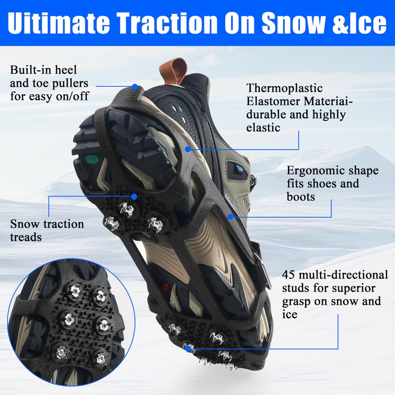 VATEICO Ice Snow Cleats for Shoes and Boots Snow Traction Crampons Ice Gripper for Walking on Snow and Ice 9-Studs Non Slip Ice Cleats Rubber Overshoe Slip-on Stretch Footwear Winter Hiking Climbing Small - Image 2