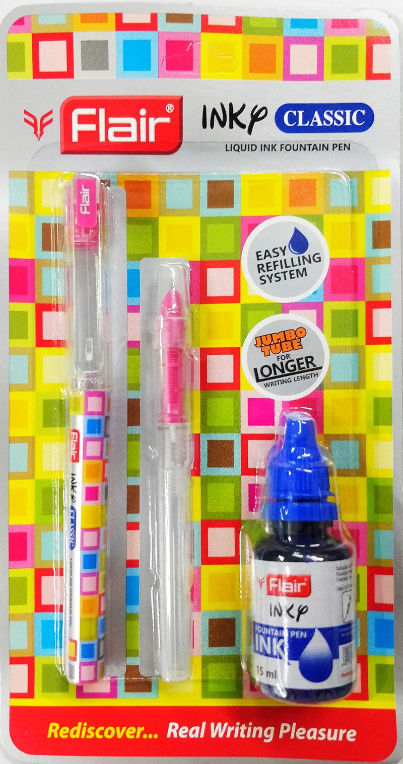 Flair Inky Series Classic Liquid Ink Fountain Pen Blister Pack | Quick Dry Ink | Includes Ink Bottle 15Ml - Blue | Easy Refilling System | Jumbo Tube For Longer Writing | Blue Ink, Set Of 1 X 6 Pack - Image 1