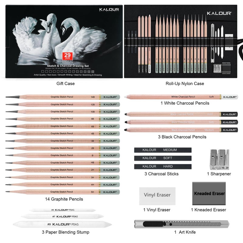 KALOUR 29 Pro Sketching Drawing Pencils Set with Roll-Up Nylon Case â€“ 14 Graphite Pencils (14Bâ€“5H), Charcoal Pencils, Erasers, Sharpener & Stumps â€“ Complete Art Kit for Artists & Beginner - Image 3