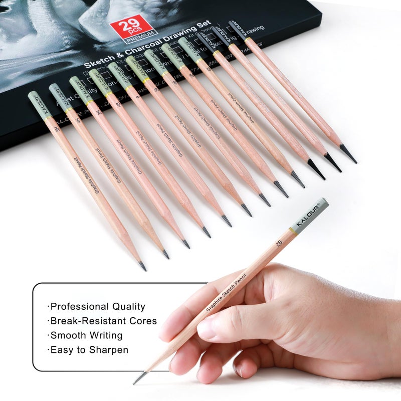 KALOUR 29 Pro Sketching Drawing Pencils Set with Roll-Up Nylon Case â€“ 14 Graphite Pencils (14Bâ€“5H), Charcoal Pencils, Erasers, Sharpener & Stumps â€“ Complete Art Kit for Artists & Beginner - Image 4