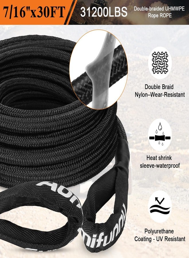 حبل سحب Aomifunny مقاس 7/16 بوصة × 30 قدمًا من مادة UHMWPE، قوة تحمل 31200 رطل، طقم سحب شديد التحمل لسيارات ATV وUTV وSUV والسيارات (أسود) - Image 2