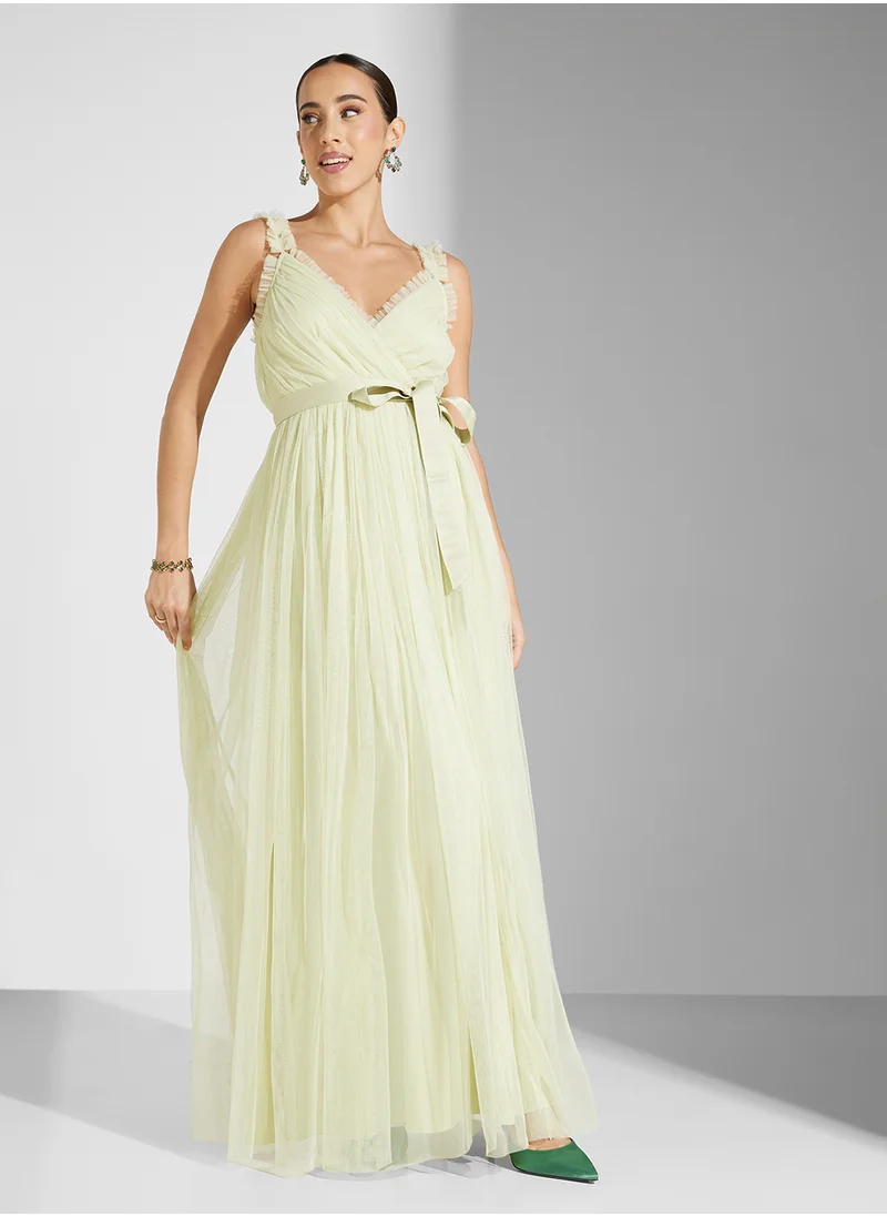 انايا ويذ لوف Delicate Ruffle  Wrap Bodice Tulle   Sash Tie Belt Dress
