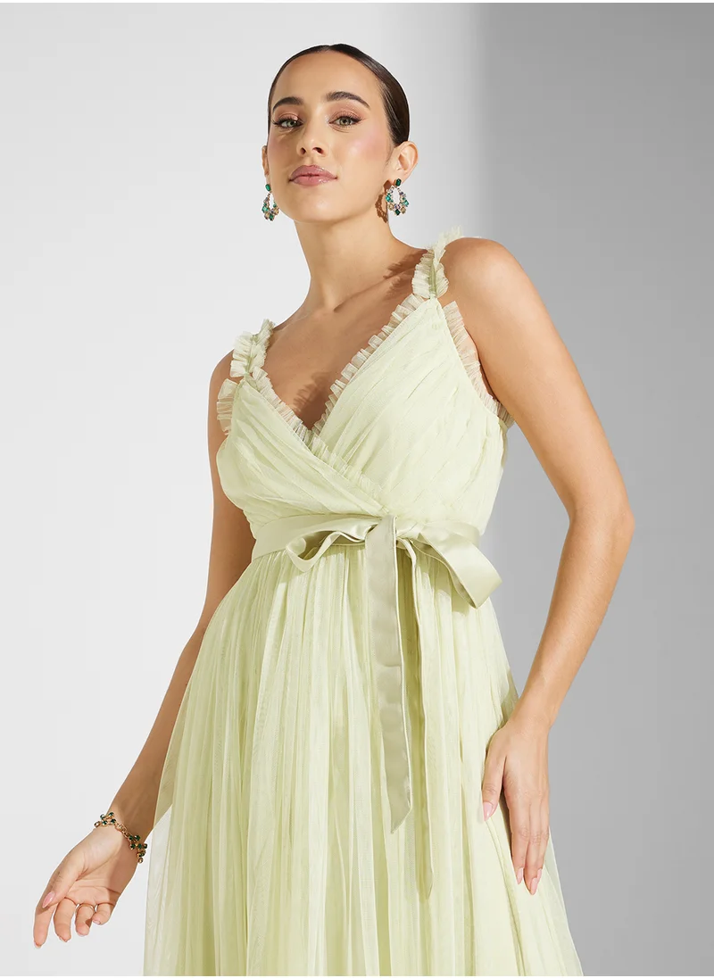 انايا ويذ لوف Delicate Ruffle  Wrap Bodice Tulle   Sash Tie Belt Dress