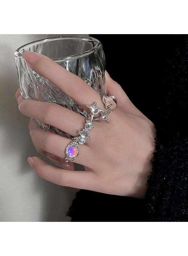 Y2k Rings Set Carnelian Rings Irregular Agate Opal Moonstone Bud Flower Star Finger Rings Opening Adjustable Rings for Women - Image 3