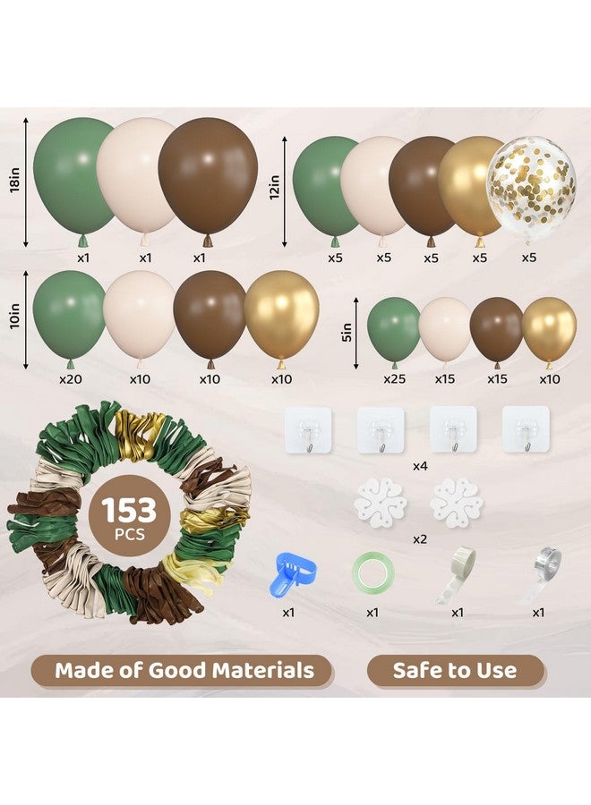 Amandir 153pcs Sage Green Brown Balloon Garland Arch Kit, Different Sizes 18 12 10 5 inch Olive Green Gold Latex Metallic Confetti Balloons for Safari Jungle Woodland Birthday Baby Shower Decorations - Image 2