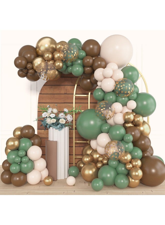 Amandir 153pcs Sage Green Brown Balloon Garland Arch Kit, Different Sizes 18 12 10 5 inch Olive Green Gold Latex Metallic Confetti Balloons for Safari Jungle Woodland Birthday Baby Shower Decorations - Image 1