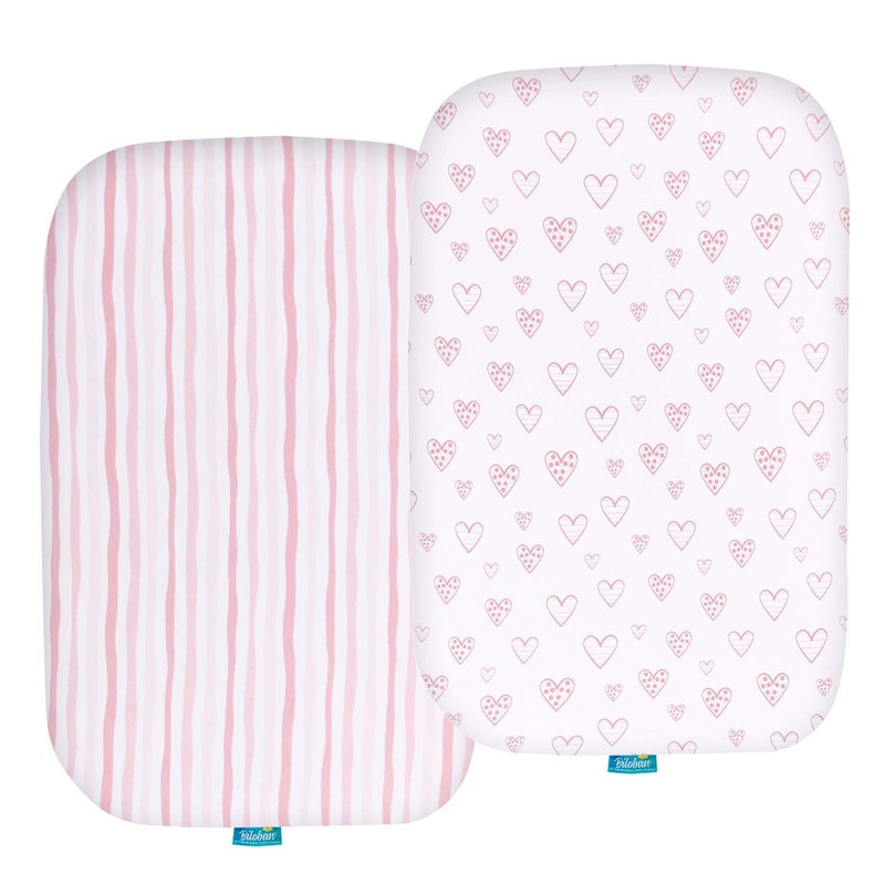 Biloban Bassinet Sheets Compatible with ANGELBLISS Baby Bassinet, Koolerthings (3 in 1) Bedside Sleeper, Pamo Babe and Ihoming Bedside Bassinet, 2 Pack, 100% Jersey Cotton, Breathable and Soft, Pink Print - Image 1