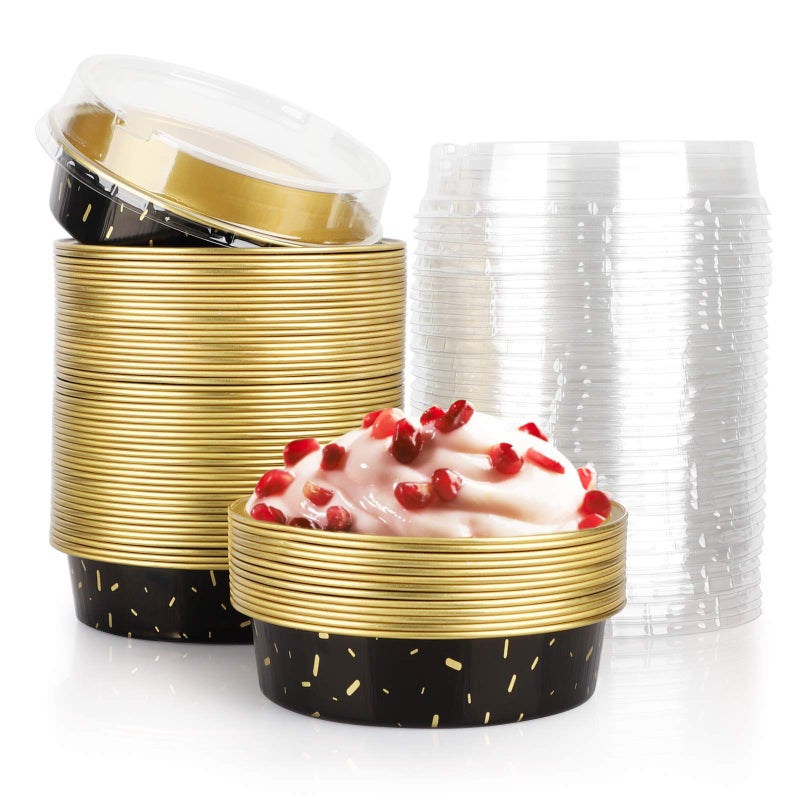 أطباق فطائر بيزيا المصنوعة من الألمنيوم الصغيرة 50 عبوة مع أغطية 8 أونصات باللون الأسود والذهبي لشخصيات الكرتون لفطائر التارت والكيش