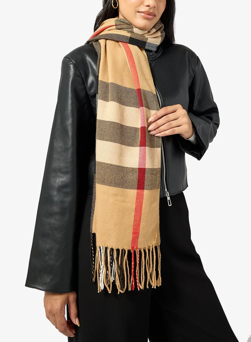 Soft Checkered Tassel Scarf