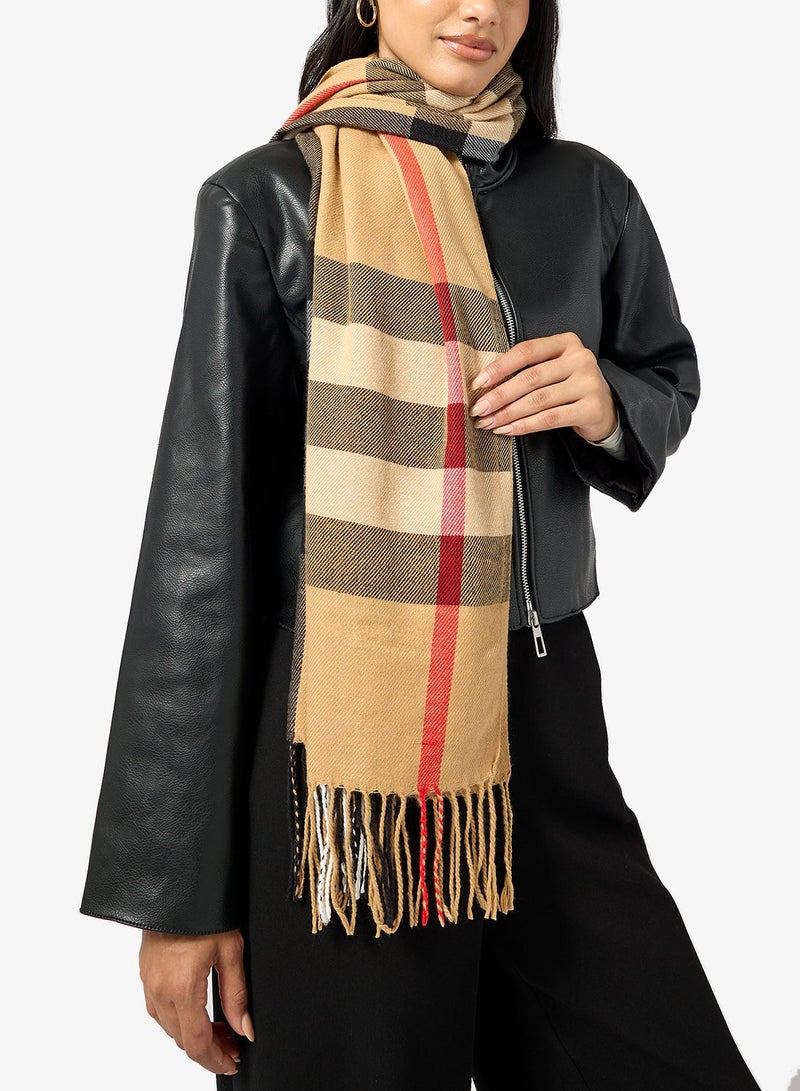 جينجر وشاح ناعم بنقوش مربعات وشراشيب - Image 1