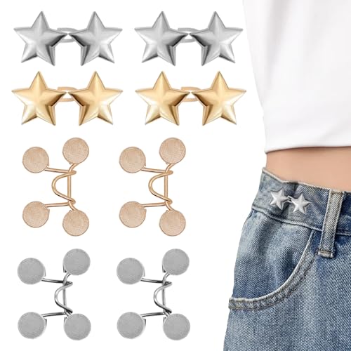 ROPAKED 8 Set Pant Waist Tightener Star Buttons Pins for Loose Jeans Reusable Waist Cincher Clip Metal Star Tightener for Clothing Dresses Skirts No Sewing Decoration Accessories(Silver+Gold) - Image 1