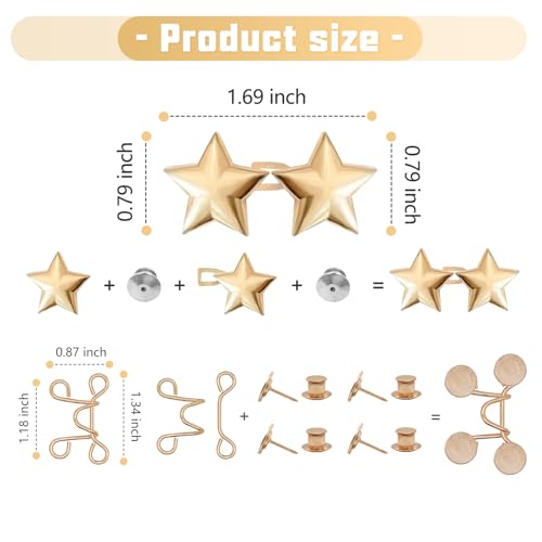 ROPAKED 8 Set Pant Waist Tightener Star Buttons Pins for Loose Jeans Reusable Waist Cincher Clip Metal Star Tightener for Clothing Dresses Skirts No Sewing Decoration Accessories(Silver+Gold) - Image 2