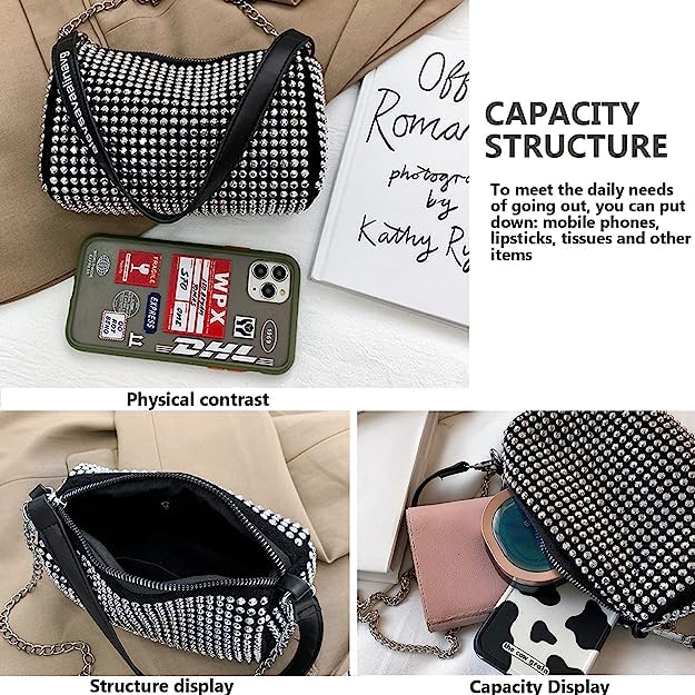 DOSYSO Evening Clutch Handbags for Women trendy Sparkling Chain Crossbody sling Bag Purse Wallet for Party Wedding Rhinestone Bling Bag small size handheld bags Silver. - Image 5