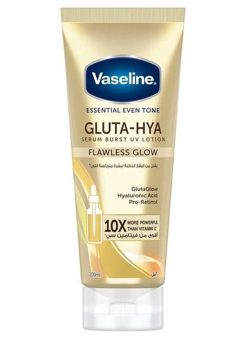 Vaseline Essential Even Tone Body Lotion with moisturising petroleum jelly, Flawless Glow, Gluta-Hya Serum Burst UV, 10X More Powerful than Vitamin C, 200ml