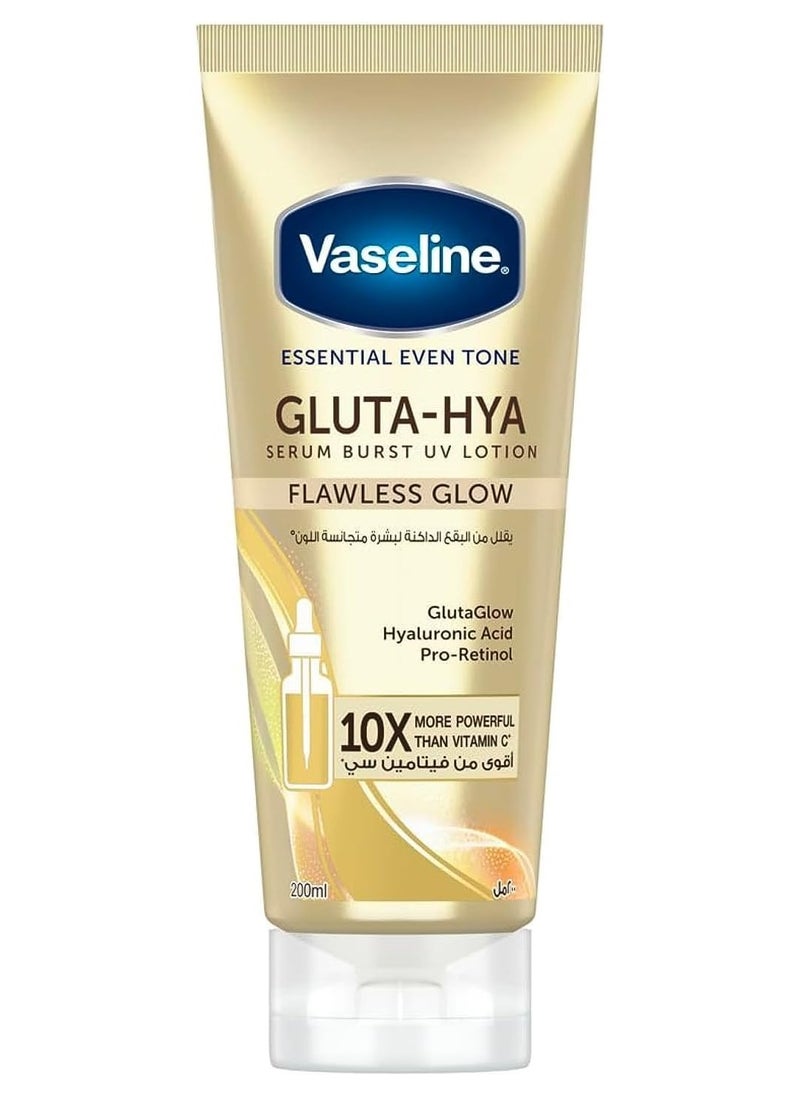 Vaseline - Vaseline Essential Even Tone Body Lotion with moisturising petroleum jelly, Flawless Glow, Gluta-Hya Serum Burst UV, 10X More Powerful than Vitamin C, 200ml - Image 1