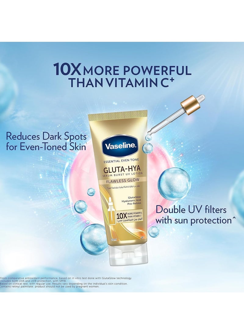Vaseline - Vaseline Essential Even Tone Body Lotion with moisturising petroleum jelly, Flawless Glow, Gluta-Hya Serum Burst UV, 10X More Powerful than Vitamin C, 200ml - Image 1