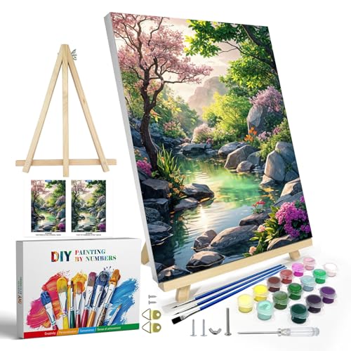 JOOZ Paint by Numbers Kit for Adults with Frame, Landscape Paint by Number Canvas, Mountain Paint by Numbers with Easel, DIY Flowers Scenery Oil Painting Kit for Home Wall Decor 8 x 12 Inch - Image 1