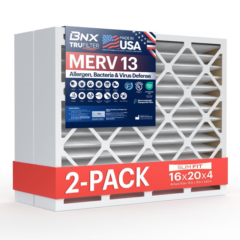 BNX TruFilter 16x20x4 (15.5â€™â€™ x 19.5â€™â€™ x 3.63â€˜â€™ Slim Fit) MERV 13 Air Filter (2-Pack) - MADE IN USA - Air Conditioner HVAC AC Furnace Filters Health, Allergies, Mold, Bacteria, Smoke, MPR 1900 FPR 10 - Image 1