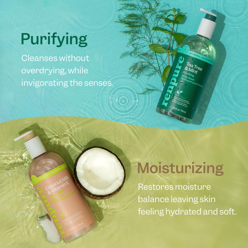 RENPURE LLC Tea Tree Mint Oil & Coconut Vitamin E, Sulfate Free Moisturizing Body Wash For Dry Sensitive Skin, Antibacterial Body & Hand Soap For Men Women Kids & Toddlers, White, 24 Oz - Image 2