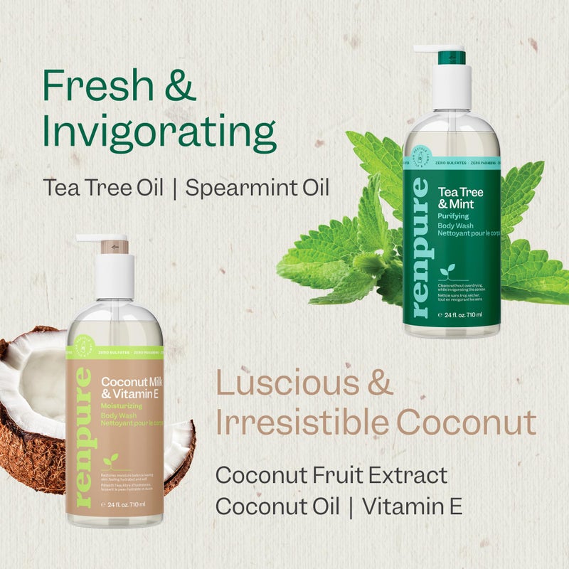 RENPURE LLC Tea Tree Mint Oil & Coconut Vitamin E, Sulfate Free Moisturizing Body Wash For Dry Sensitive Skin, Antibacterial Body & Hand Soap For Men Women Kids & Toddlers, White, 24 Oz - Image 5