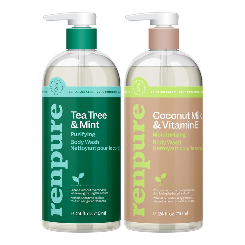 RENPURE LLC Tea Tree Mint Oil & Coconut Vitamin E, Sulfate Free Moisturizing Body Wash For Dry Sensitive Skin, Antibacterial Body & Hand Soap For Men Women Kids & Toddlers, White, 24 Oz - Image 1