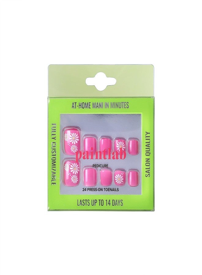 PaintLab Press-On Pedicure, Pinkie Tootsie, Pink with Flowers, Reusable False Toenails Kit, 24 Pieces - Image 1
