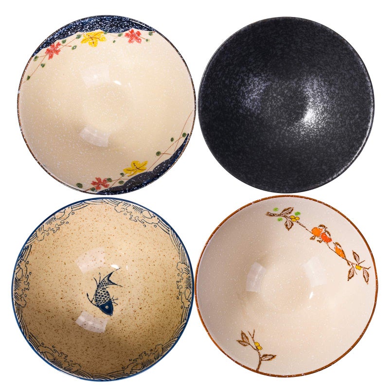 Japanese Retro Ramen Bowls Set of 4 Color Large 8 Inch Ceramic Bowl for Pho Dessert Snack Cereal Soup Noodle and Rice