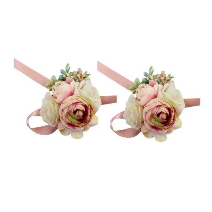 2PC PACKHANDMADE ARTIFICIAL PEONY FLOWER WRIST CORSAGE WITH SATIN WRISTBAND FOR GIRL BRIDESMAID WEDDING PARTY PROM FLOWER CORSAGE HAND FLOWER PINK WRIST CORSAGE X2