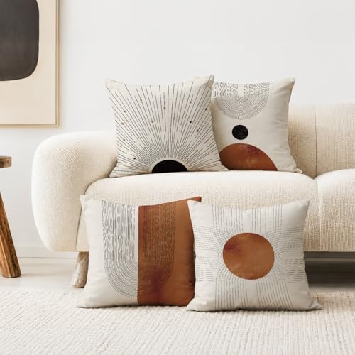 ISANOU Abstract Minimalist Throw PillowCoversMidCentury Modern Geometric Sun Pillow Case Decor Set of 4Bohemian Pillow Decorative for Home Living Room Bedroom Sofa18x18 Inch - Image 3