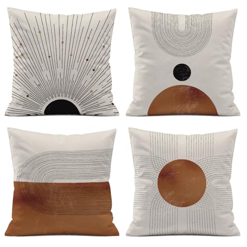 ISANOU Abstract Minimalist Throw PillowCoversMidCentury Modern Geometric Sun Pillow Case Decor Set of 4Bohemian Pillow Decorative for Home Living Room Bedroom Sofa18x18 Inch - Image 1