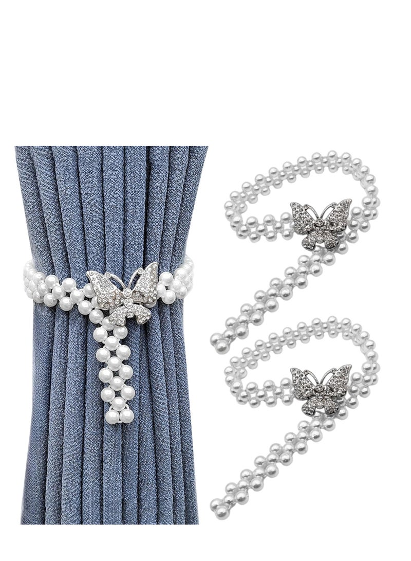 Excefore 2Pcs Curtain TieBacks, Butterfly Pearl Curtain Decorative Clips Rope Holdbacks Curtain Holder Buckles, Metal TieBacks for Home Office Hotel Window Drape Decorative - Image 1
