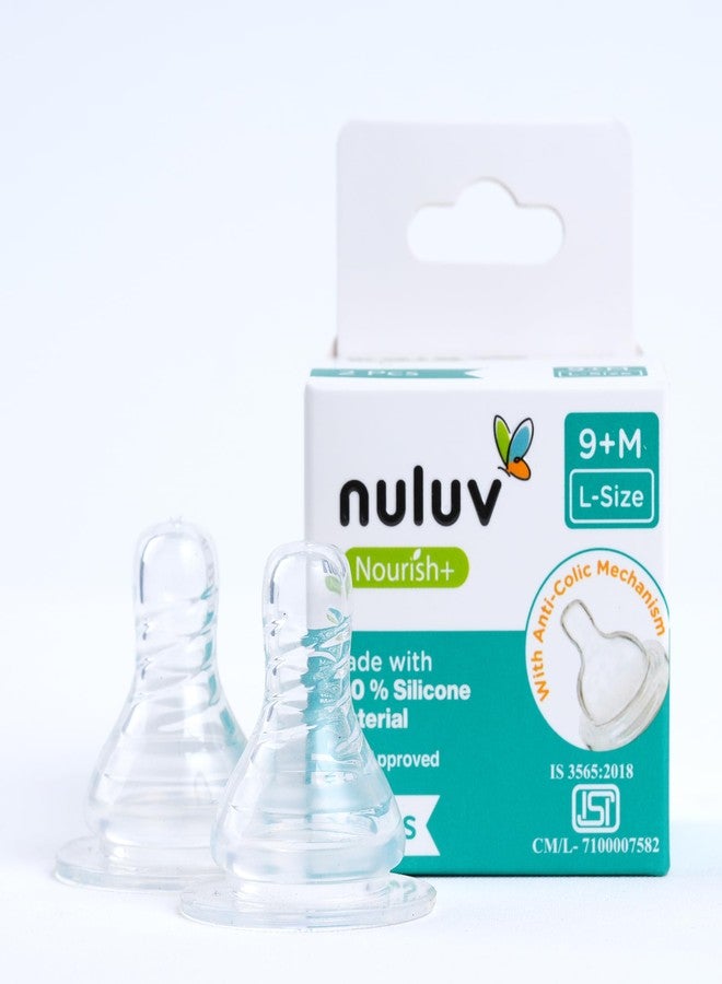 Nuluv Nourish+ Silicone Baby Bottle Nipple 9M+ (L-Size), Anti-Colic Teat for Newborns, 100% Soft Silicone, BPA-Free, BIS Approved, Compatible with Narrow Neck Bottles, Pack of 2 - Image 1